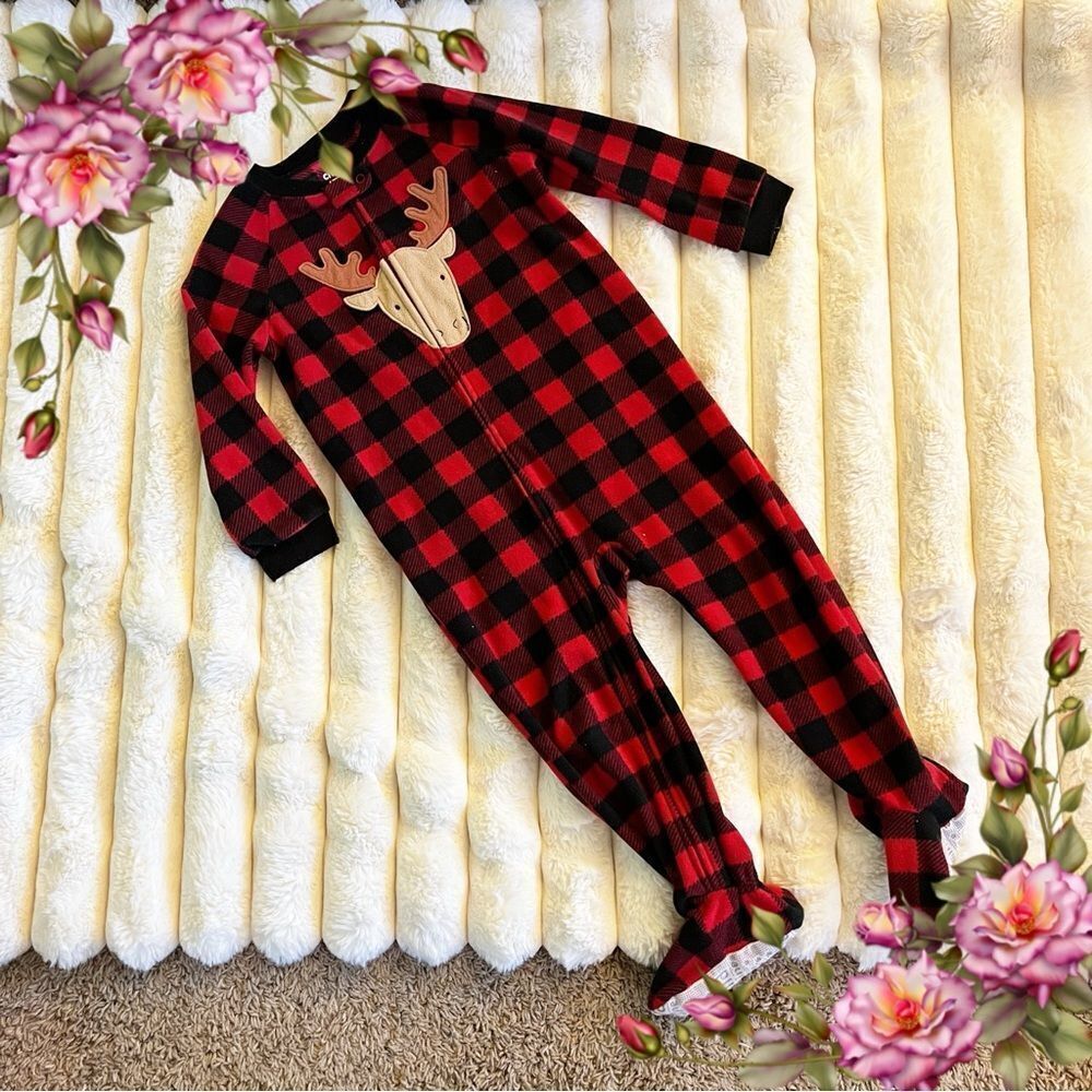 Red Plaid Kids One Piece zip up pajama with Reindeer‎ Design